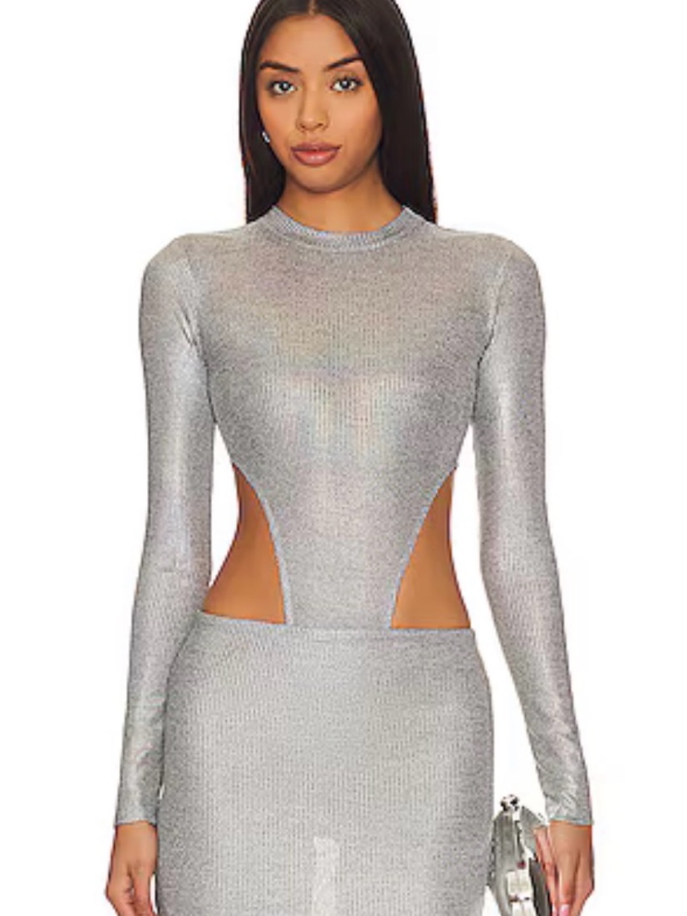 NWT h:ours Iridescent Silver Metallic Ribbed Two Piece Body Suit and Skirt Set